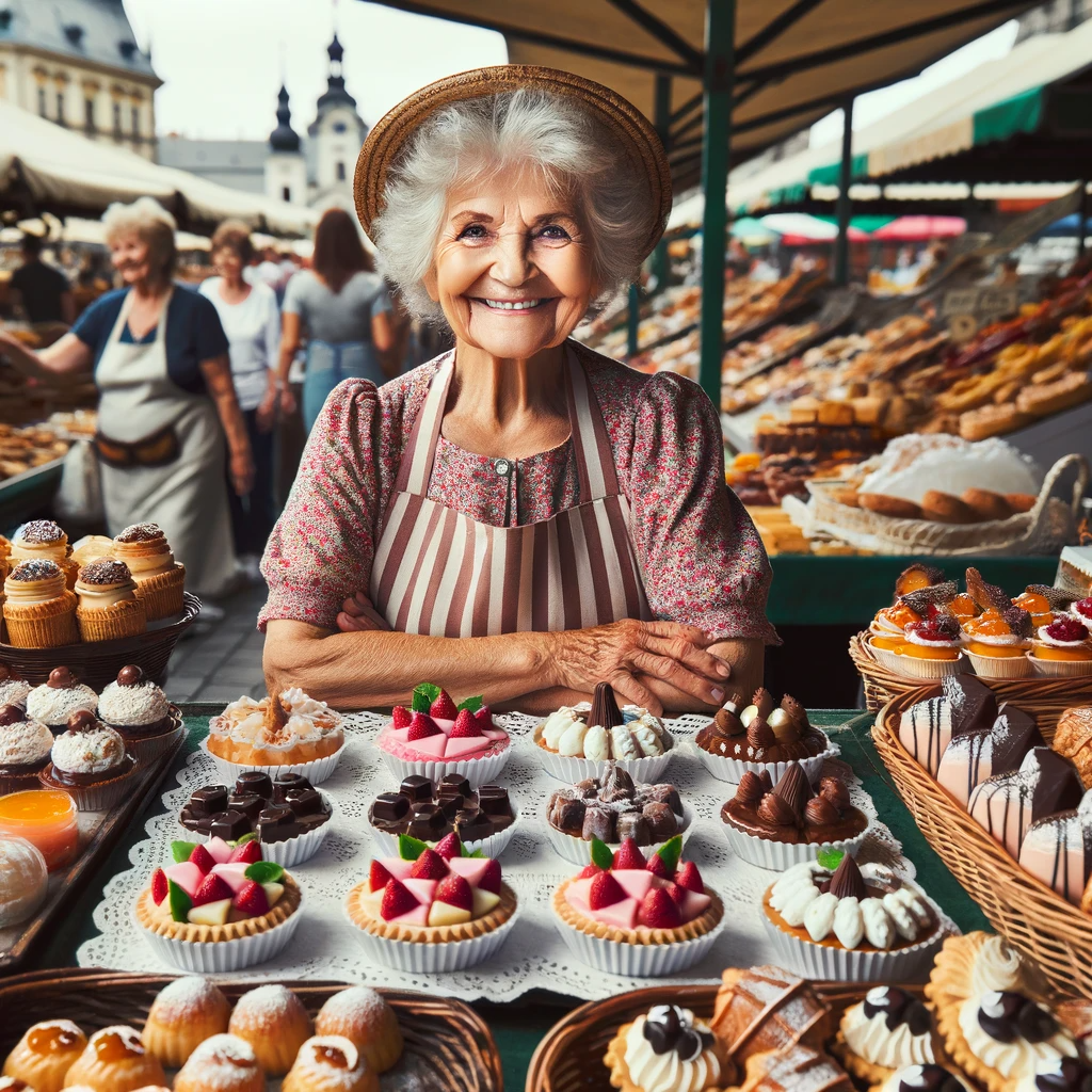 DALL·E 2024-01-08 06.05.35 - An elderly lady vendor at a market stand, proudly displaying her homemade sweets and pastries. She is smiling, wearing a traditional Hungarian apron.